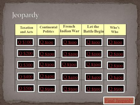 Taxation and Acts Continental Politics French Indian War Let the Battle Begin Who’s Who Q $100 Q $200 Q $300 Q $400 Q $500 Q $100 Q $200 Q $300 Q $400.