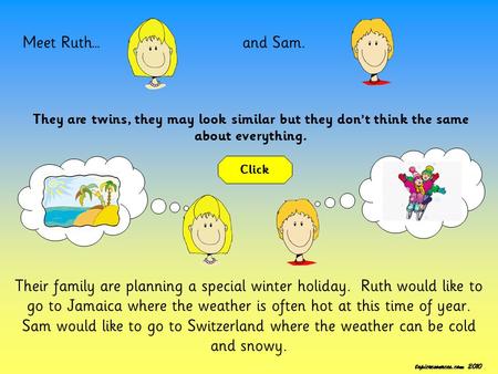 Meet Ruth…and Sam. They are twins, they may look similar but they don’t think the same about everything. Their family are planning a special winter holiday.