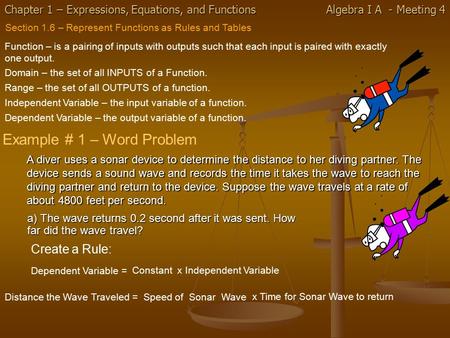 Chapter 1 – Expressions, Equations, and Functions Algebra I A - Meeting 4 Section 1.6 – Represent Functions as Rules and Tables Function – is a pairing.