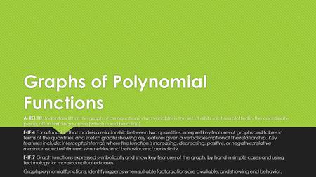 Graphs of Polynomial Functions A-REI.10 Understand that the graph of an equation in two variables is the set of all its solutions plotted in the coordinate.