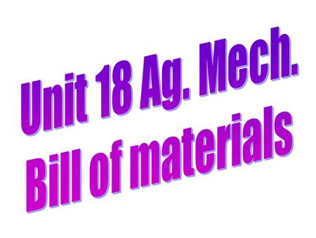 Bill of materials: Include the following Item name Number of pieces Type of material Size of pieces Total feet of different material Unit cost Total project.