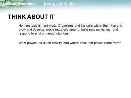 Lesson Overview Lesson Overview Energy and Life THINK ABOUT IT Homeostasis is hard work. Organisms and the cells within them have to grow and develop,