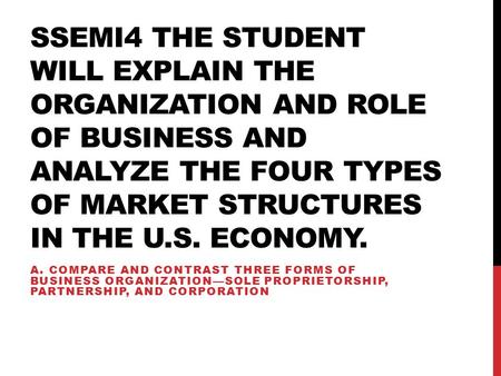 SSEMI4 The student will explain the organization and role of business and analyze the four types of market structures in the U.S. economy. a. Compare and.