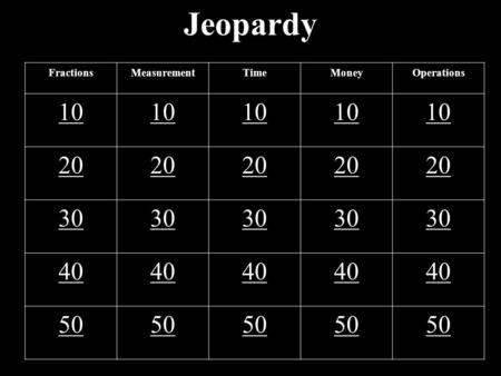 Jeopardy FractionsMeasurementTimeMoneyOperations 10 20 30 40 50.