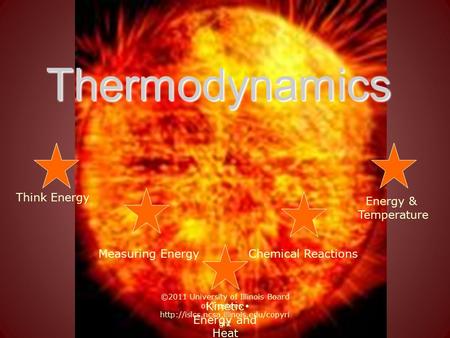 Thermodynamics Think Energy Chemical Reactions Energy & Temperature Measuring Energy Kinetic Energy and Heat ©2011 University of Illinois Board of Trustees.