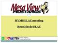 MVMS ELAC meeting Reunión de ELAC. 2 Tonight’s Agenda 1.Welcome 2. Purpose of ELAC/DELAC 3.Explanation of the EL program & Interventions 4.Ways to get.