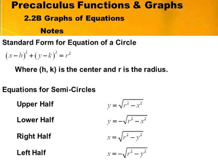 Precalculus Functions & Graphs Notes Standard Form for Equation of a Circle 2.2B Graphs of Equations Where (h, k) is the center and r is the radius. Equations.