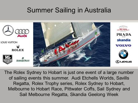 Summer Sailing in Australia The Rolex Sydney to Hobart is just one event of a large number of sailing events this summer. Audi Etchells Worlds, Savills.