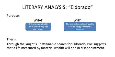 LITERARY ANALYSIS: “Eldorado” Purpose: WHAT WHY Thesis: Through the knight’s unattainable search for Eldorado, Poe suggests that a life measured by material.