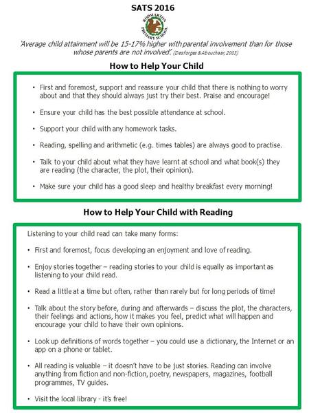 SATS 2016 First and foremost, support and reassure your child that there is nothing to worry about and that they should always just try their best. Praise.