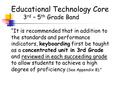 “It is recommended that in addition to the standards and performance indicators, keyboarding first be taught as a concentrated unit in 3rd Grade and reviewed.