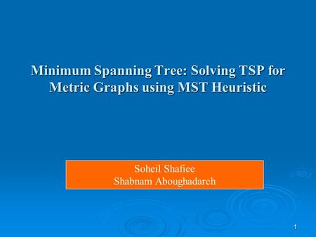 1 Minimum Spanning Tree: Solving TSP for Metric Graphs using MST Heuristic Soheil Shafiee Shabnam Aboughadareh.