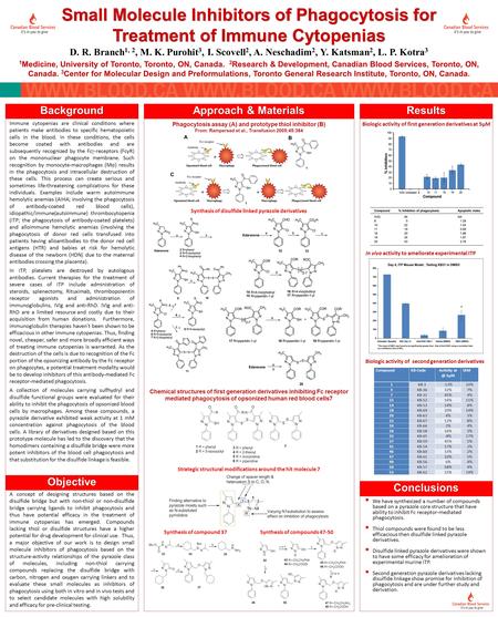 Small Molecule Inhibitors of Phagocytosis for Treatment of Immune Cytopenias D. R. Branch 1, 2, M. K. Purohit 3, I. Scovell 2, A. Neschadim 2, Y. Katsman.