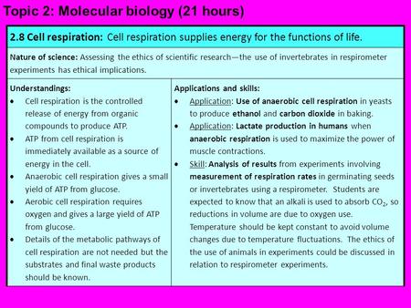 2.8 Cell respiration: Cell respiration supplies energy for the functions of life. Nature of science: Assessing the ethics of scientific research—the use.