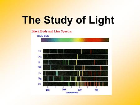 The Study of Light. The Electromagnetic Spectrum  includes gamma rays, X-rays, ultraviolet light, visible light, infrared radiation, microwaves, and.