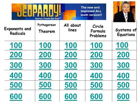 100 200 300 400 500 600 100 200 300 400 500 600 100 200 300 400 500 600 100 200 300 400 500 600 Exponents and Radicals PythagoreanTheorem Circle Formula.