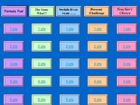 Formula Fun! 1 pts 2 pts 3 pts 4 pts 3 pts 2 pts 1 pts 4 pts 3 pts 2 pts 3 pts 4 pts 5 pts The Same What?! Weigh it on your... Percent Challenge Teacher’s.