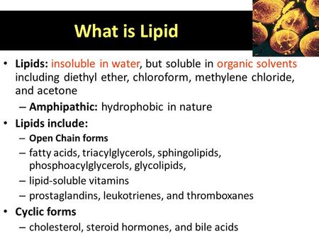 What is Lipid Lipids: Lipids: insoluble in water, but soluble in organic solvents including diethyl ether, chloroform, methylene chloride, and acetone.