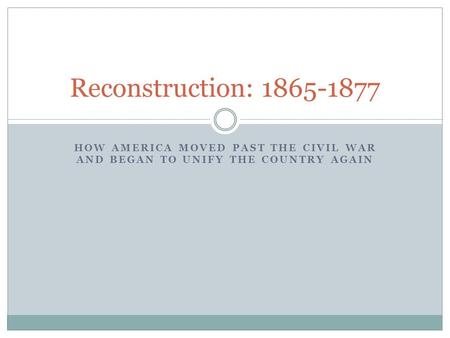 HOW AMERICA MOVED PAST THE CIVIL WAR AND BEGAN TO UNIFY THE COUNTRY AGAIN Reconstruction: 1865-1877.