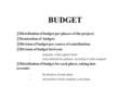 BUDGET 4Distribution of budget per phases of the project; 4Itemization of budget; 4Division of budget per source of contribution; 4Division of budget between: