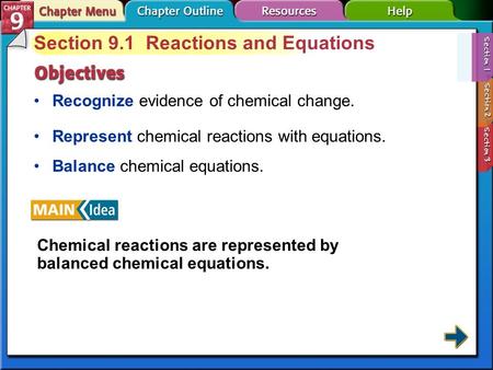 Section 9-1 Section 9.1 Reactions and Equations Recognize evidence of chemical change. Represent chemical reactions with equations. Balance chemical equations.