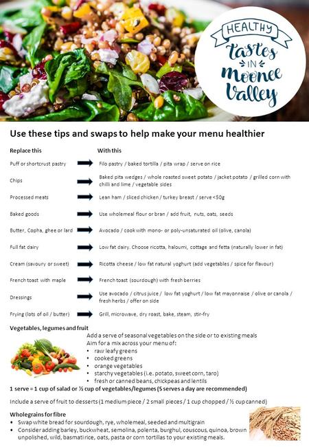 Use these tips and swaps to help make your menu healthier Replace this With this Puff or shortcrust pastry Filo pastry / baked tortilla / pita wrap / serve.