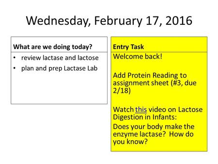 Wednesday, February 17, 2016 What are we doing today? Entry Task