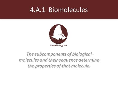 4.A.1 Biomolecules The subcomponents of biological molecules and their sequence determine the properties of that molecule.