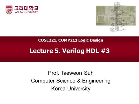 Lecture 5. Verilog HDL #3 Prof. Taeweon Suh Computer Science & Engineering Korea University COSE221, COMP211 Logic Design.