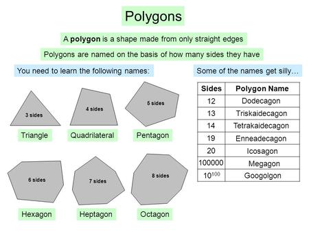 Polygons A polygon is a shape made from only straight edges