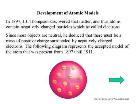 Development of Atomic Models In 1897, J.J. Thompson discovered that matter, and thus atoms contain negatively charged particles which he called electrons.