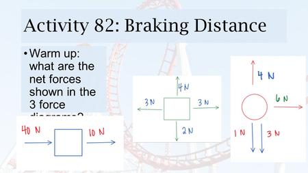 Activity 82: Braking Distance Warm up: what are the net forces shown in the 3 force diagrams?