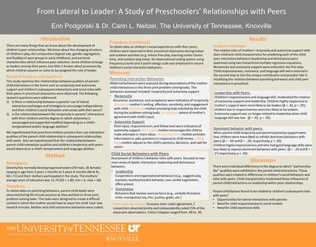 Discussion Results Introduction From Lateral to Leader: A Study of Preschoolers’ Relationships with Peers Erin Podgorski & Dr. Carin L. Neitzel, The University.