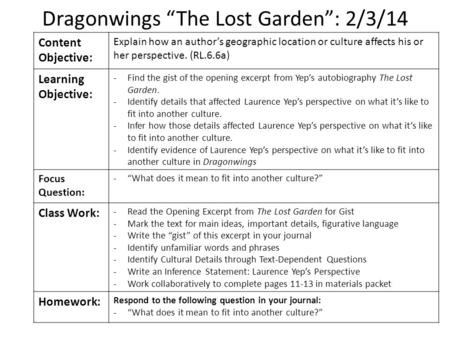 Dragonwings “The Lost Garden”: 2/3/14 Content Objective: Explain how an author’s geographic location or culture affects his or her perspective. (RL.6.6a)