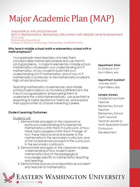 Major Academic Plan (MAP) Why teach middle school math or elementary school with a math emphasis? Young people need teachers who help them conceptualize.