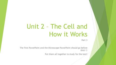 Unit 2 – The Cell and How it Works Part 3 The first PowerPoint and the Microscope PowerPoint should go before this! Put them all together to study for.