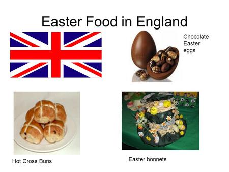 Easter Food in England Chocolate Easter eggs Hot Cross Buns Easter bonnets.