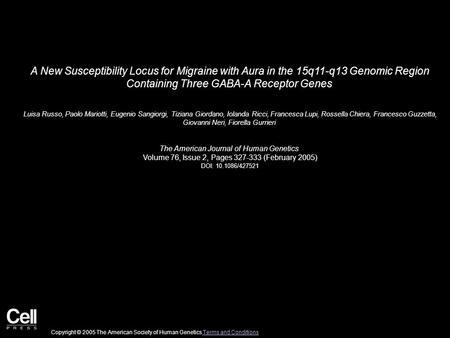 A New Susceptibility Locus for Migraine with Aura in the 15q11-q13 Genomic Region Containing Three GABA-A Receptor Genes Luisa Russo, Paolo Mariotti, Eugenio.