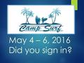 May 4 – 6, 2016 Did you sign in?. Time  Leave at 4:30 A.M., Wednesday, May 4  Return at approximately 8 P.M., Friday, May 6.