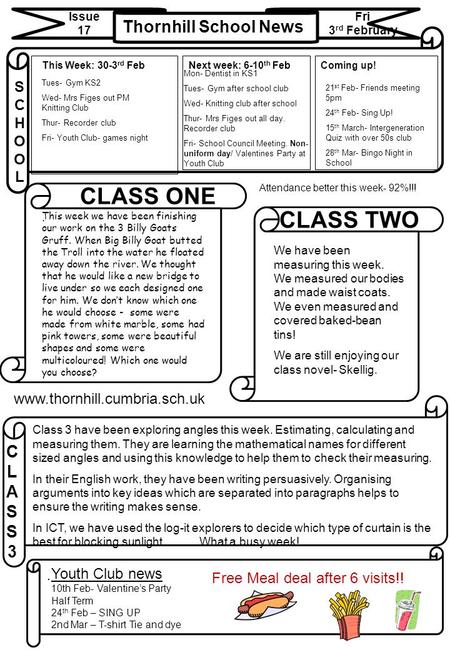 Thornhill School News Issue 17 Fri 3 rd February CLASS3CLASS3 CLASS ONE CLASS TWO SCHOOLSCHOOL Next week: 6-10 th Feb.. www.thornhill.cumbria.sch.uk This.