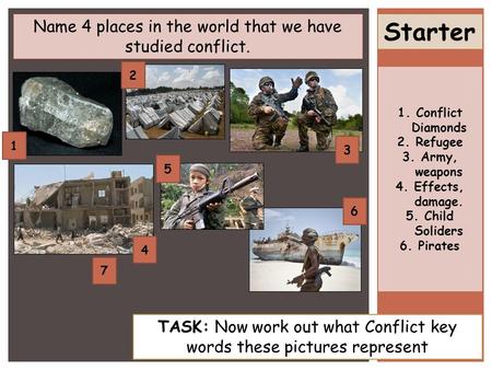 Starter Name 4 places in the world that we have studied conflict. TASK: Now work out what Conflict key words these pictures represent 2 1 3 4 5 6 1.Conflict.