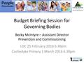 Budget Briefing Session for Governing Bodies LDC 25 February 2016 6.30pm Castledyke Primary 1 March 2016 6.30pm Becky McIntyre – Assistant Director Prevention.