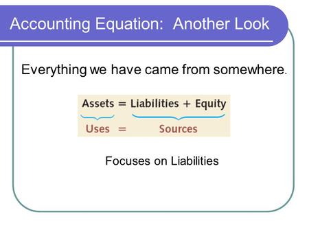 Accounting Equation: Another Look Everything we have came from somewhere. Focuses on Liabilities.