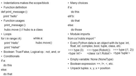 Indentations makes the scope/block Function definition def print_message (): print “hello” Function usages print_message () hubo.move ()// hubo is a class.