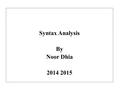 Syntax Analysis By Noor Dhia 2014 2015. Left Recursion: Example1: S → S0s1s | 01 The grammar after eliminate left recursion is: S → 01 S’ S' → 0s1sS’