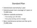 Standard Plan Extends basic warranty by 1 year Extends power train coverage to 5 years or 72,000 miles Lifetime roadside assistance – Free towing up to.