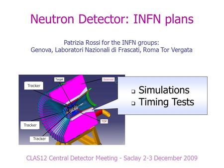 Tracker Neutron Detector: INFN plans CLAS12 Central Detector Meeting - Saclay 2-3 December 2009 Patrizia Rossi for the INFN groups: Genova, Laboratori.