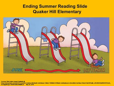 Summer Slide [online Image] https://www.google.com/search?q=summer+reading+slide&safe=strict&espv=2&biw=1366&bih=639&site=webhp&source=lnms&tbm=isch&sa=X&ved=0ahUKEwjtlv_x4ILNAhXBqR4KHdY0AeIQ_.