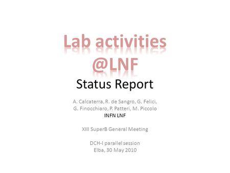 A. Calcaterra, R. de Sangro, G. Felici, G. Finocchiaro, P. Patteri, M. Piccolo INFN LNF XIII SuperB General Meeting DCH-I parallel session Elba, 30 May.