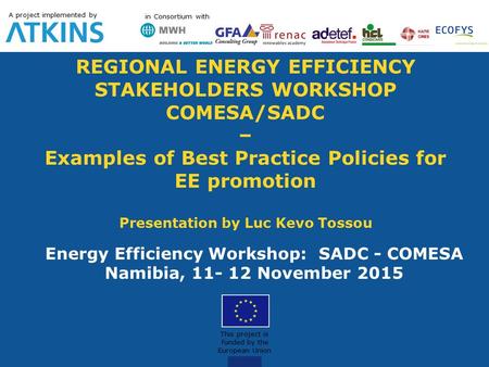 REGIONAL ENERGY EFFICIENCY STAKEHOLDERS WORKSHOP COMESA/SADC – Examples of Best Practice Policies for EE promotion Presentation by Luc Kevo Tossou Energy.